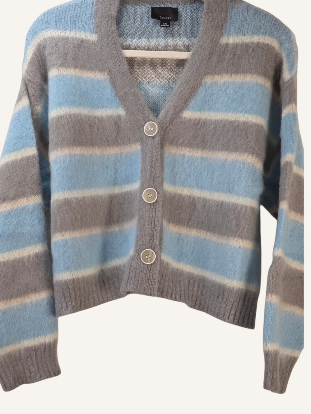 Lumiere Power Play Blue Grey Striped Fuzzy Cardigan S/M NWT